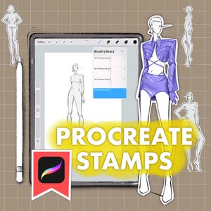 May include: A digital art illustration featuring a tablet displaying a fashion design sketch, a stylus, and the text "PROCREATE STAMPS." The Procreate app logo is visible. Fashion figure sketches surround the tablet, with a purple outfit.