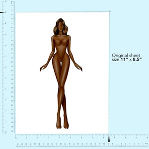 May include: A digital illustration of a nude female figure with brown skin, standing with her legs crossed. The figure has long brown hair and is posed with her arms outstretched.