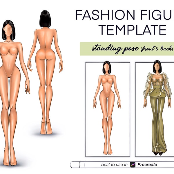 Female figure template - Procreate croquis and stamps | Fashion template & Fashion design tools | Fashion designer digital figures croquis