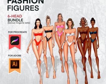 Colored female figures - digital fashion figure templates. Procreate figure stamps (standing and walking poses, on/off lingerie croquis)