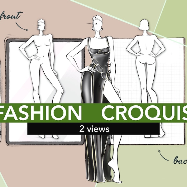 Fashion figures (2 views) - female croquis template | Procreate stamp female figure | Handmade croquis fashion silhouette. Croquis to dress