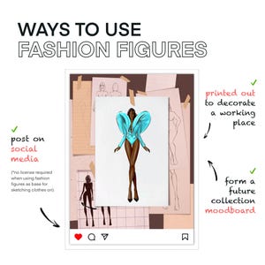 May include: A digital illustration of a fashion figure wearing a blue jumpsuit with large, dramatic shoulders. The illustration is on a white background and surrounded by sketches of other fashion figures. The text "WAYS TO USE FASHION FIGURES" is at the top of the image. The text "post on social media" is on the left side of the image. The text "printed out to decorate a working place" is on the right side of the image. The text "form a future collection moodboard" is also on the right side of the image.