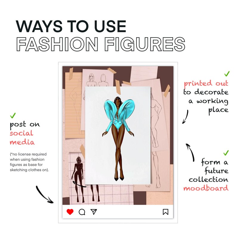 May include: A digital illustration of a fashion figure wearing a blue jumpsuit with large, dramatic shoulders. The illustration is on a white background and surrounded by sketches of other fashion figures. The text "WAYS TO USE FASHION FIGURES" is at the top of the image. The text "post on social media" is on the left side of the image. The text "printed out to decorate a working place" is on the right side of the image. The text "form a future collection moodboard" is also on the right side of the image.
