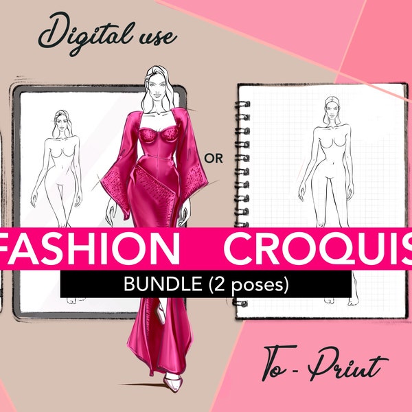 Fashion figure templates: WALKING and STANDING designer croquis. Procreate female body sketches • Printable fashion croquis