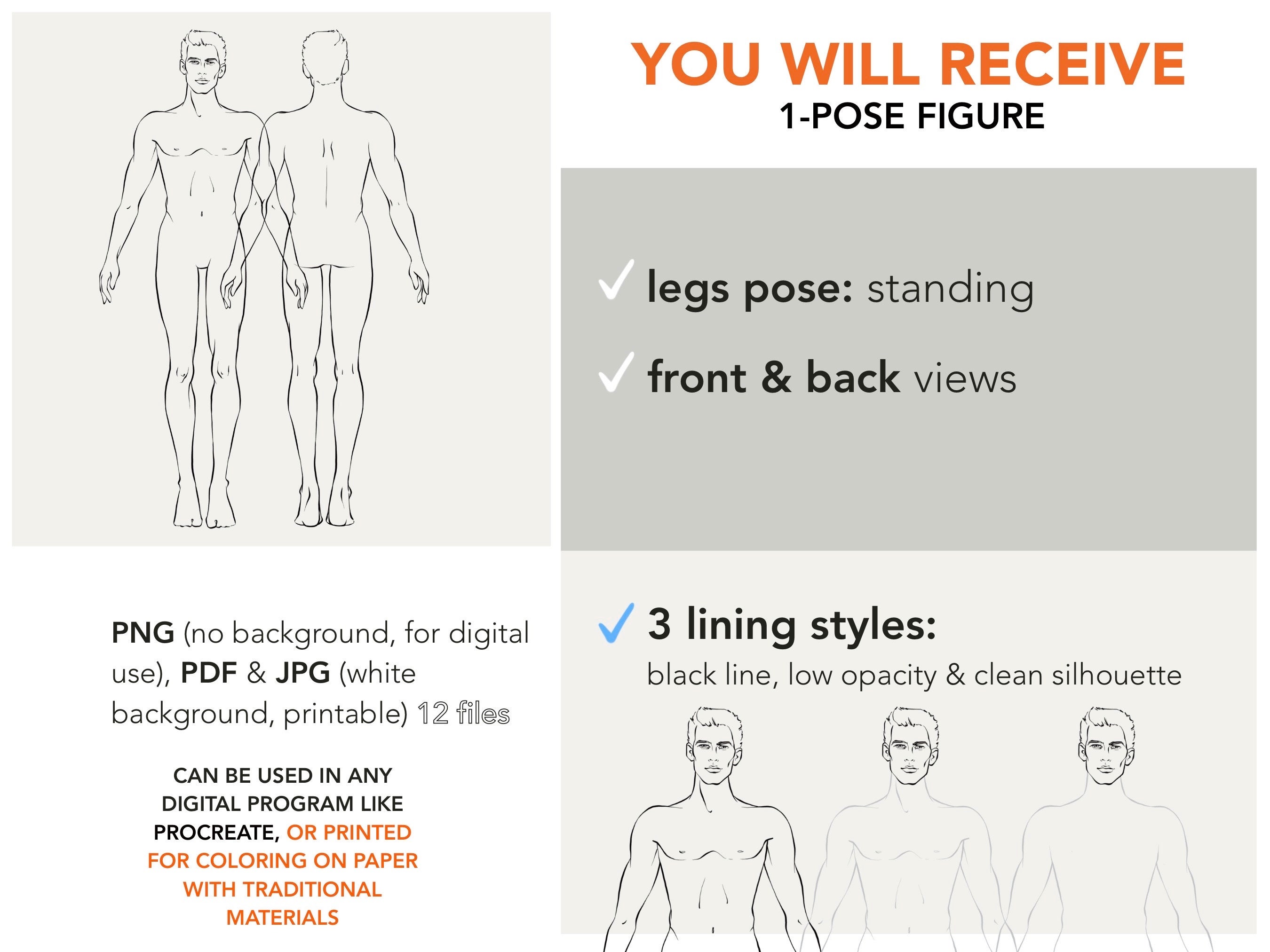 Male Fashion Croquis Front & Back View | Men Figure Template | Standing ...