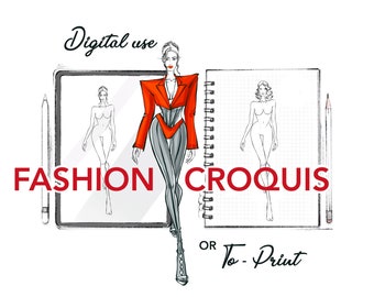 Fashion croquis walking female figure stamp. Printable digital figure template