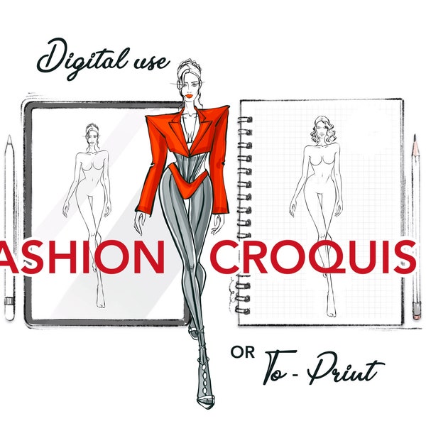 Fashion croquis walking female figure stamp. Printable digital figure template