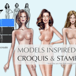 Könnte beinhalten: Drei digitale Illustrationen von weiblichen Mode-Mannequins mit Rasterüberlagerungen. Die Modelle sind nackt und haben langes Haar. Der Text "MODELS INSPIRED CROQUIS & STAMPS" befindet sich am unteren Rand des Bildes. Der Text "* final files are free from image protection pattern" befindet sich unter dem Haupttext.