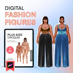 May include: Digital fashion figures illustration with the text "DIGITAL FASHION FIGURES". The image includes a tablet displaying "PLUS SIZE CROQUIS" with standing pose and front & back views. Two fashion figures are shown, one in a gold top and black pants, the other in a blue top and pants.