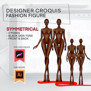 May include: Digital fashion figure croquis illustrations. The image features two front and two back views of a female figure with black skin tone. Text includes "Designer Croquis Fashion Figure" and "Symmetrical - 2 Poses - Black Skin Tone - Front & Back."