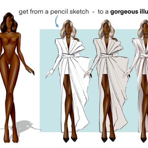 May include: A digital illustration demonstrating the process of creating a fashion illustration. The first image shows a simple line drawing of a woman. The second image shows the same woman with a white dress added. The third image shows the dress with more detail and shading. The final image shows the dress with even more detail and shading, including highlights and shadows.