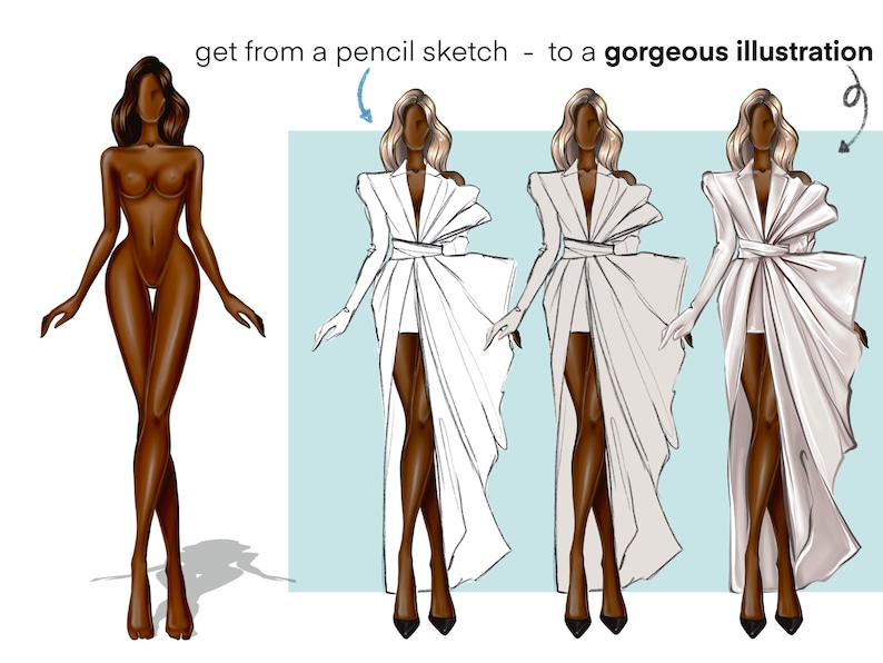 May include: A digital illustration demonstrating the process of creating a fashion illustration. The first image shows a simple line drawing of a woman. The second image shows the same woman with a white dress added. The third image shows the dress with more detail and shading. The final image shows the dress with even more detail and shading, including highlights and shadows.