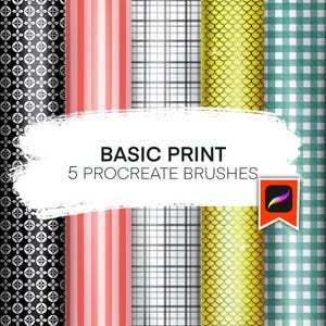 Può includere: Immagine che mostra cinque diversi design di modelli digitali. I modelli includono un motivo floreale in bianco e nero, strisce rosse e bianche, quadri grigi, scaglie gialle e un motivo a quadri vichy turchese e bianco. Il testo "BASIC PRINT 5 PROCREATE BRUSHES" è visualizzato.
