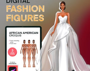 Black women croquis poses JPG, PNG | Digital black front croquis for wedding dress fashion sketching | Procreate fashion figures templates