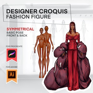 May include: Digital fashion figure croquis with text "DESIGNER CROQUIS FASHION FIGURE". The image shows a symmetrical basic pose, front and back, with Procreate and Adobe logos. A woman in a red outfit is also shown.
