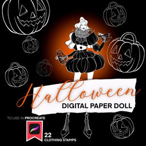 Puede incluir: Ilustración digital de Halloween con una muñeca de papel con un disfraz en blanco y negro con un cuello con volantes. La imagen incluye calabazas flotantes y el texto "Halloween Digital Paper Doll" y "22 Clothing Stamps" sobre un fondo negro.