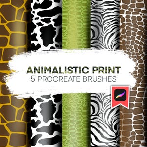 May include: Five Procreate brushes featuring animal print patterns. The patterns include giraffe, cow, crocodile, zebra, and leopard.