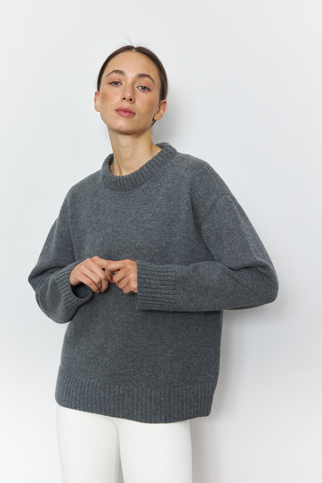 ENNOY MERINO WOOL SWEATER MIX GRAY S Kit Knit In Grey Melange