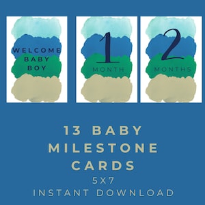 Cartões mensais de marco para bebês meninos, conjunto de 13 cartões, 5 x 7 ", para impressão, faça você mesmo, presente de chá de bebê, decoração, lembrança, download instantâneo, impressão em casa