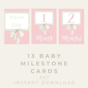 Lot de 13 cartes d'étape mensuelle pour bébé fille, 5 x 7 po. Imprimable, bricolage, cadeau de baby shower, décoration, souvenir, téléchargement immédiat, impression à la maison