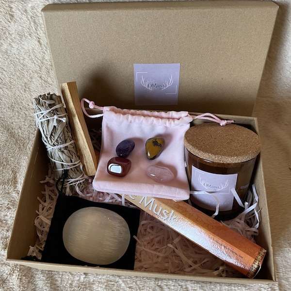 Coffret Méditation-Kit Méditation-Kit Relaxation-Kit Zen- Pierres Naturelles AA A+ A-Sélénite-Sauge-PaloSanto-nettoyage énergétique-bougie