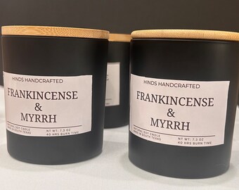 Frankincense and myrrh, wooden wick natural soy candle. 7.5 oz