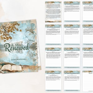 Puede incluir: Un diario devocional de 30 d&iacute;as titulado "A Mind Renewed" con un fondo de acuarela de un lago y &aacute;rboles. La portada presenta un libro abierto con una cubierta de cuero marr&oacute;n.