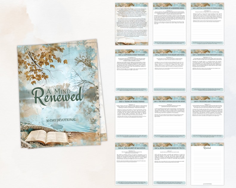 Puede incluir: Un diario devocional de 30 d&iacute;as titulado "A Mind Renewed" con un fondo de acuarela de un lago y &aacute;rboles. La portada presenta un libro abierto con una cubierta de cuero marr&oacute;n.