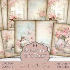 Tea Party Junk Journal Kit, Shabby Chic Floral Tea Party, Junk Journal Afdrukbaar, Digitaal papier, Junk Journal Pages, Scrapbookpapier