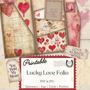 Puede incluir: Un imprimible Lucky Love Folio con una estética vintage. El diseño presenta corazones rojos, querubines y frases románticas como "All My Hearts Are Yours" y "Love Always Wins". Incluye efímeras, etiquetas, tarjetas y bolsillos.