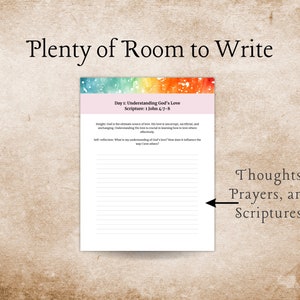 K&ouml;nnte beinhalten: Ein druckbares Arbeitsblatt mit einem Regenbogen-Aquarellhintergrund. Das Arbeitsblatt tr&auml;gt den Titel "Plenty of Room to Write" und hat die &Uuml;berschrift "Tag 1: Gottes Liebe verstehen". Die Bibelstelle lautet "1 Johannes 4,7-8". Das Arbeitsblatt hat linierte Fl&auml;che zum Schreiben von Gedanken, Gebeten und Bibelstellen.