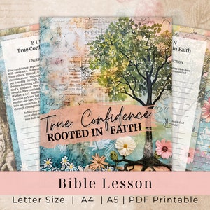 Puede incluir: Diario de estudio bíblico imprimible con un diseño floral y el texto "True Confidence Rooted in Faith". El diario está disponible en tamaños carta, A4 y A5.