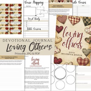 May include: A devotional journal titled "Loving Others" with a vintage aesthetic. The design includes heart-shaped patterns in red, cream, and plaid. The journal is available as a printable JPG and PDF.