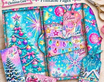 Printable Christmas Folio Kit, Pink & Turquoise Junk Journal Pockets and Tags DIY Christmas Cards