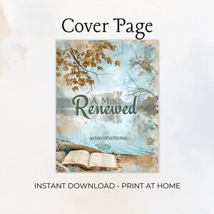 Puede incluir: Un fondo de acuarela azul y marr&oacute;n con un libro y el texto "A Mind Renewed 30 Day Devotional".