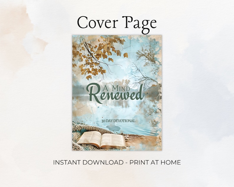 Puede incluir: Un fondo de acuarela azul y marr&oacute;n con un libro y el texto "A Mind Renewed 30 Day Devotional".