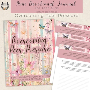 以下が含まれることがあります： 「Overcoming Peer Pressure」というタイトルの、10代の女の子向けのミニデボーショナルジャーナル。ソフトピンクの表紙に蝶と花の装飾が施されています。5日間のミニデボーショナルコンテンツが含まれています。インスタントダウンロード。