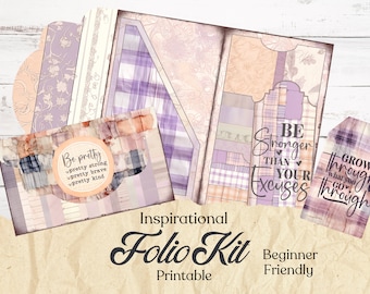 May include: An inspirational folio kit with a variety of patterned papers in shades of purple, peach, and white. The kit includes a tag and a card with the phrases "Be pretty" and "Be stronger than your excuses". The words "Inspirational Folio Kit" are also visible.