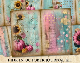 May include: Pink and blue digital paper pack with sunflowers, pumpkins, and polka dots. Printable journal kit for October.  "Pink in October Journal Kit Vol. 01" text is included.