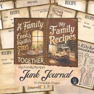 Rezept Junk Journal Kit, Rezept Journal Printables, bearbeitbares Rezeptbuch, altes Kochbuch Digitales Papier, Scrapbooking Rezeptkarten, Kochen