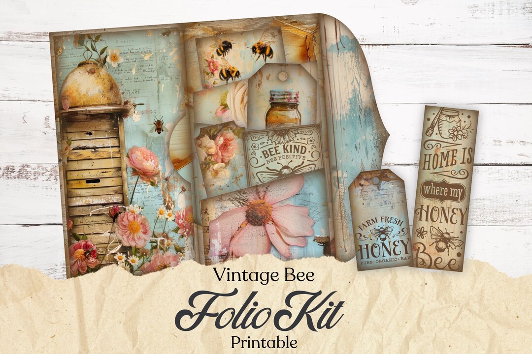 Vintage Bee Junk Journal Folio, Shabby Chic Junk Journal