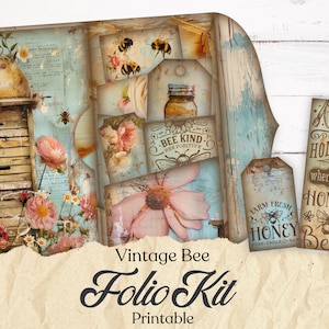 Vintage Bee Junk Journal Folio, Shabby Chic Junk Journal, Folio imprimibles, Artesanía de papel, Carpeta cargada, Kit Digi Journal, Kit de folio basura