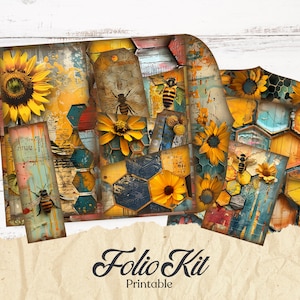 vintage folio pour ordures ménagères abeille, journal shabby chic, folio imprimables, créations en papier, dossier chargé, kit de journal digi, kit folio indésirable