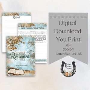Puede incluir: Un PDF descargable e imprimible de 30 d&iacute;as de devocional: A Mind Renewed. La portada presenta una pintura de acuarela de un lago con una Biblia abierta en la orilla. El texto "A Mind Renewed" est&aacute; en una fuente estilizada con un esquema de color azul y blanco. El texto "30 Day Devotional" est&aacute; en una fuente m&aacute;s peque&ntilde;a debajo del t&iacute;tulo.