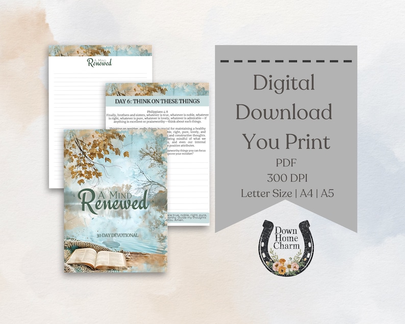 Puede incluir: Un PDF descargable e imprimible de 30 d&iacute;as de devocional: A Mind Renewed. La portada presenta una pintura de acuarela de un lago con una Biblia abierta en la orilla. El texto "A Mind Renewed" est&aacute; en una fuente estilizada con un esquema de color azul y blanco. El texto "30 Day Devotional" est&aacute; en una fuente m&aacute;s peque&ntilde;a debajo del t&iacute;tulo.