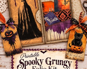 Spooky Grungy Halloween Folio Kit, Vintage Ephemera, Tags, Cards, Pockets (PDF Download)