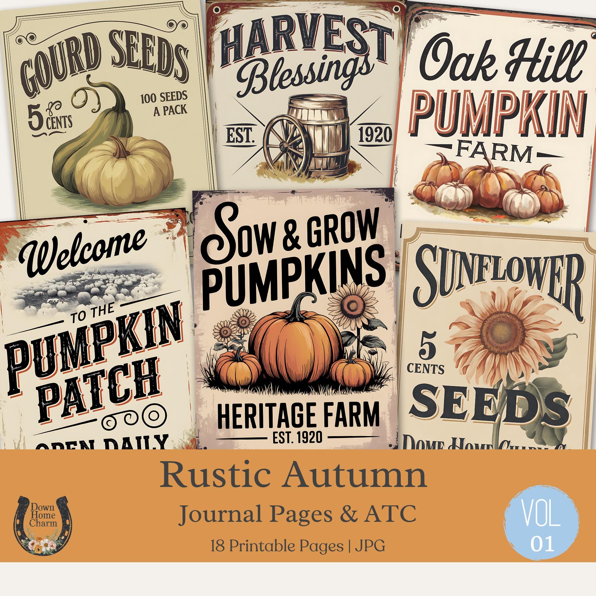 Rustic Autumn Junk Journal, Vintage Autumn Ephemera, Pumpkin Patch, Cozy Farmhouse, Printable Fall Journal Distressed Ephemera, ATC, Vol 01