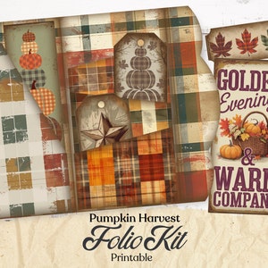 May include: Printable autumn-themed folio kit with a plaid pattern and a sign that reads "Golden Evenings & Warm Company".