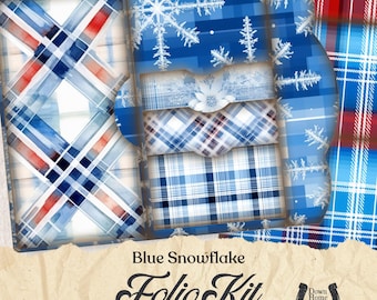May include: Blue Snowflake Folio Kit printable PDF with a blue, white, and red plaid pattern. The kit includes a horseshoe logo with the text "Down Home Charm".