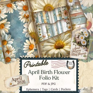 Könnte beinhalten: Ein digitales, druckbares Kit mit Gänseblümchen-Motiv. Das Design umfasst ein blau-weißes Farbschema mit Gänseblümchen-Illustrationen und dem Text "April Birth Flower Folio Kit". Das Kit enthält Ephemera, Tags, Karten und Taschen.